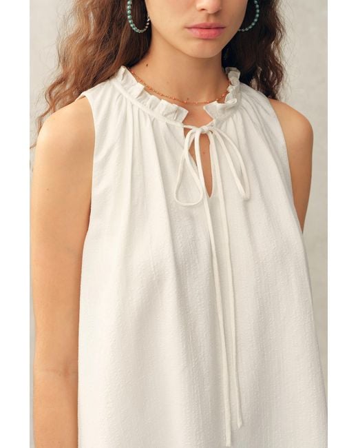 Fabrique Blue Rosalind Ruffle Neck Tie Front Sleeveless Top