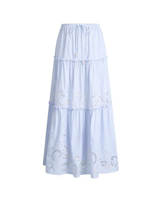 Fabrique Blue Bree Striped Embroidered Drawstring Tiered Skirt