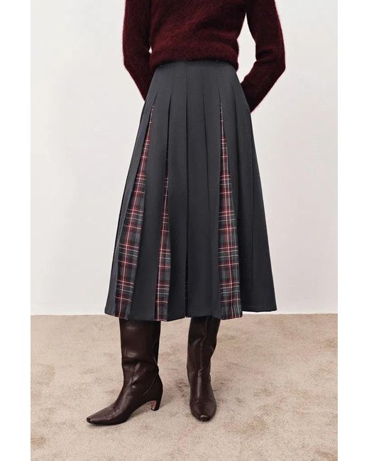 Fabrique Blue Henrie Pleated Check Maxi Skirt