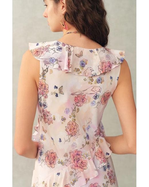 Fabrique Natural Alice Handpainted Floral Bias Cut Ruffed Sleeveless Dress
