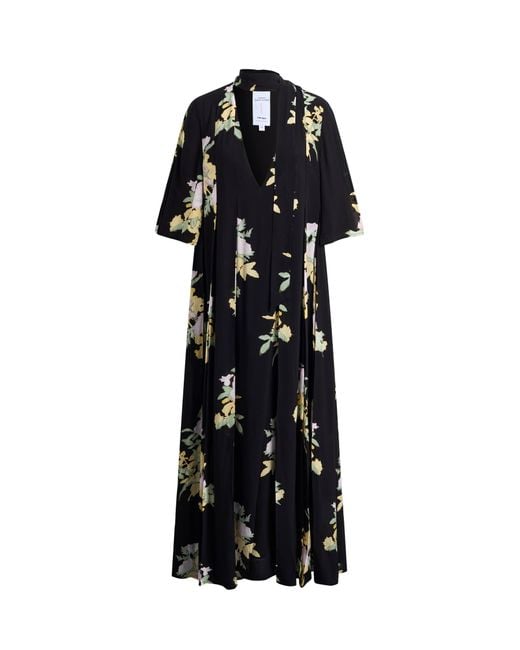 Fabrique Black Aria Floral Tie Neck Elbow Sleeve Dress