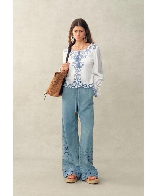 Fabrique Metallic Maggie Embroidery Resort Wear Tie Front Sheer Shirt