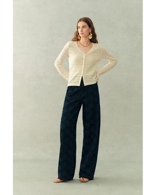 Fabrique Blue Vila Openwork Textured Lace-Trim V-Neck Cardigan