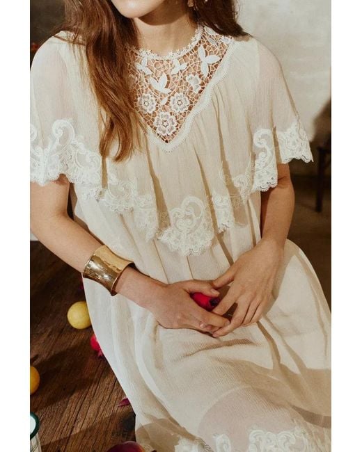 Fabrique Brown Sophia Lace Embroidery Capelet Short Sleeve Dress