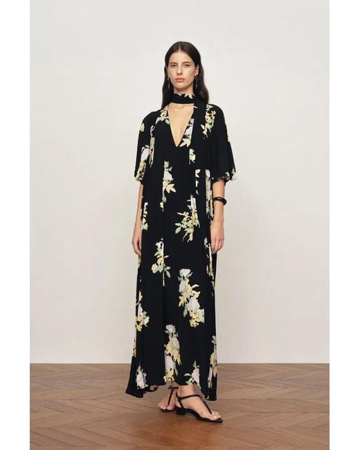 Fabrique Black Aria Floral Tie Neck Elbow Sleeve Dress