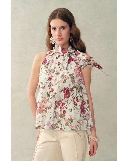 Fabrique Natural Pernilla Pomegranate Floral Print Tie Neck Blouse