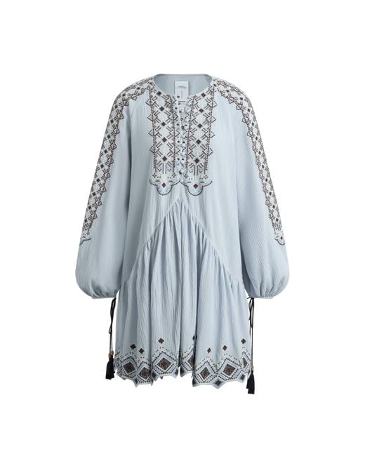 Fabrique Blue Bohdi Boho Embroidery Crewneck Puff Sleeve Dress