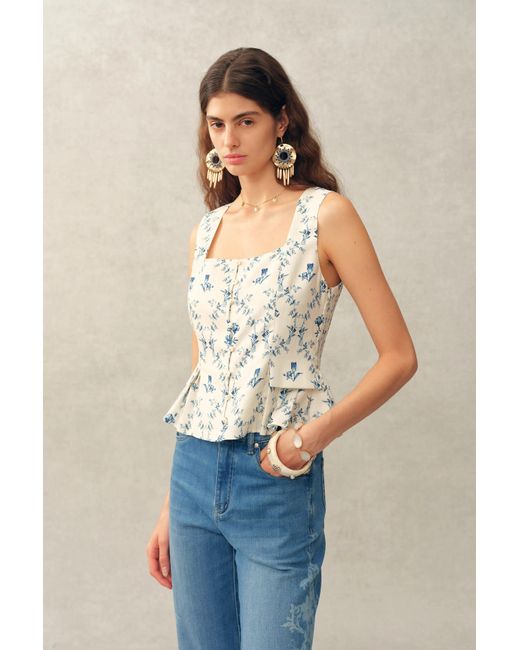 Fabrique Natural Elara Pleated Floral Square Neck Pearl Button Sleeveless Top And Skirt Set