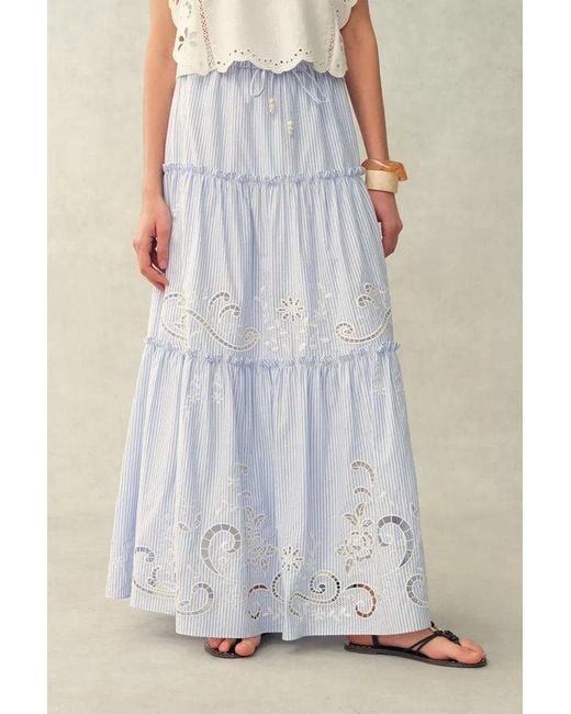 Fabrique Blue Lone Striped Embroidered Sleeveless Lace Trim Cami Top And Skirt Set