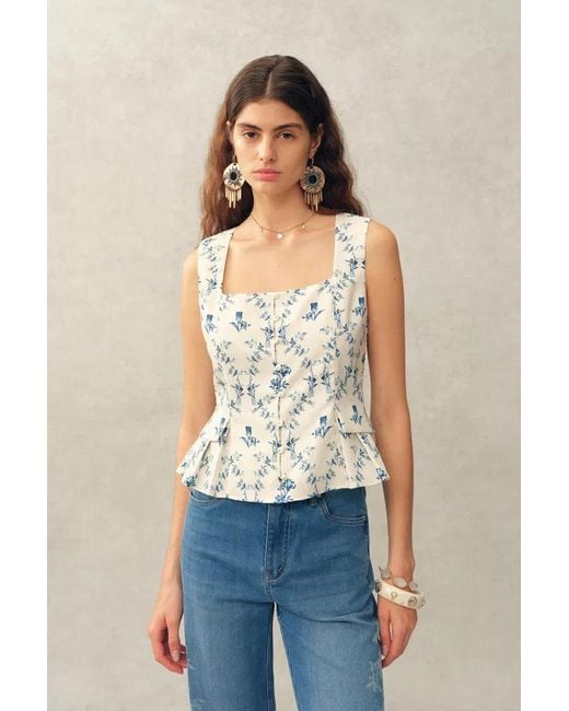 Fabrique Blue Elara Pleated Floral Square Neck Pearl Button Sleeveless Top