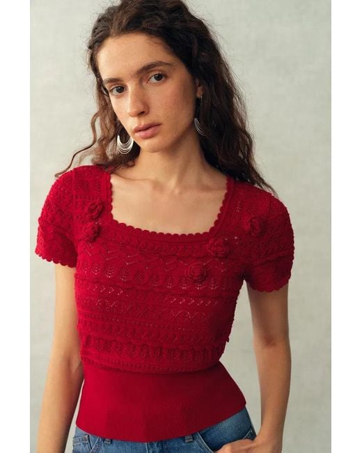 Fabrique Red Leyla 3D Floral Short Sleeve Top