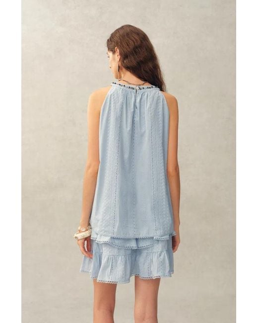 Fabrique Blue Hazel Boho Embroidery Jacquard Halterneck Sleeveless Top And Pants Set
