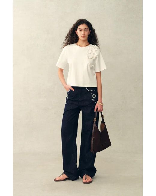 Fabrique Blue Celine Pearl Beaded Hand Crochet Floral T-Shirt