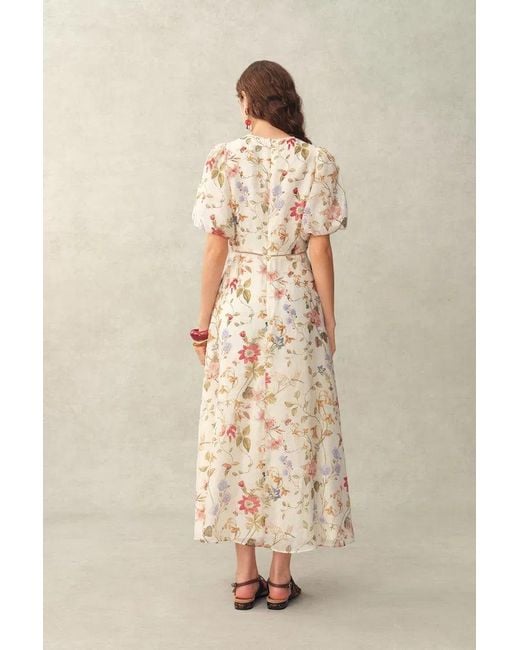 Fabrique Green Willa Floral Print V Neck Puff Sleeve Dress