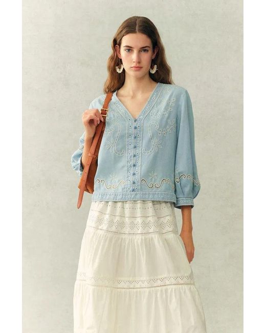 Fabrique Blue Marmont Pin Tuck Embroidery Blouse And Skirt Matching Set