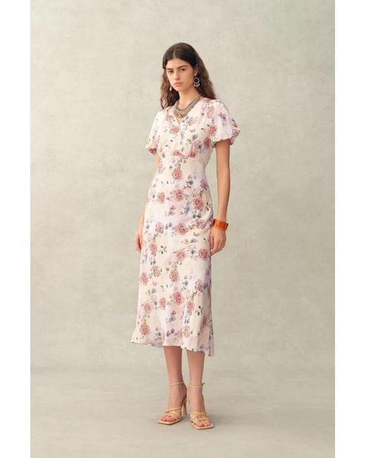 Fabrique Natural Coco Handpainted Floral Puff Sleeve Cinched Dress