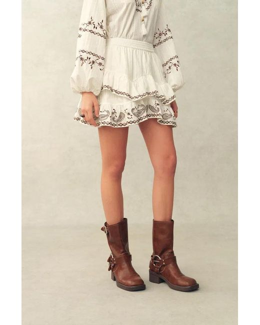 Fabrique Natural Brioche Beaded Tassel Tie Embroidery Blouse And Skirt Set