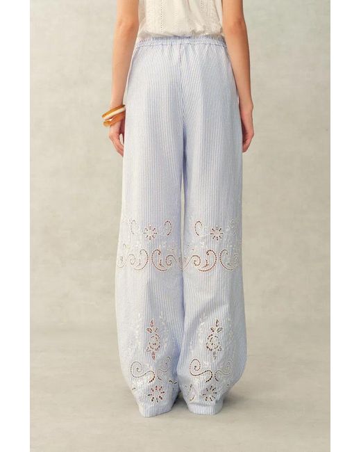 Fabrique Blue Holly Striped Embroidered Drawstring Wide Leg Pant