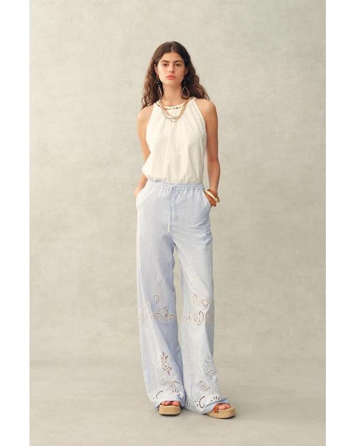 Fabrique Blue Holly Striped Embroidered Drawstring Wide Leg Pant