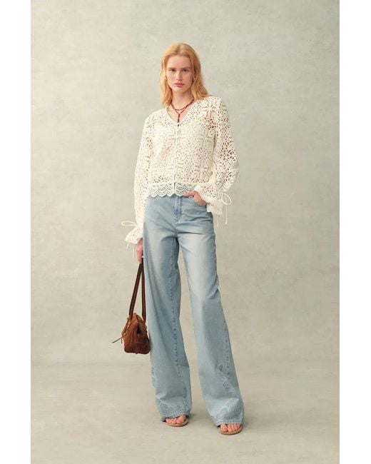 Fabrique Blue Berthe Embossed Flowers Straight Leg Jeans