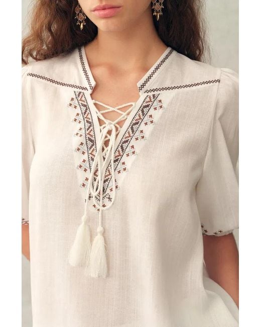Fabrique Natural Becky Cross Stitch Tie Front Short Sleeve Shirt And Shorts Set