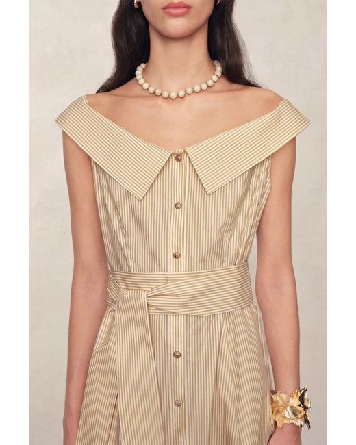 Fabrique Natural Claudia Striped Off Shoulder Collared Belted Sleeveless Shirt Dress