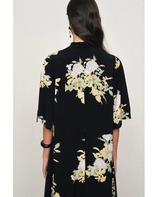 Fabrique Black Aria Floral Tie Neck Elbow Sleeve Dress