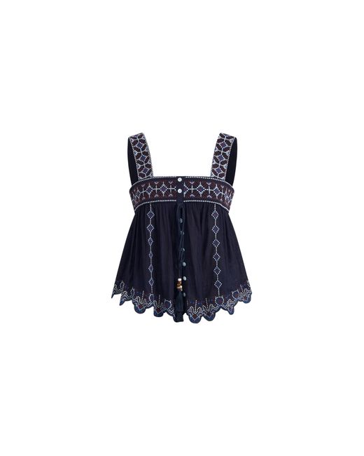Fabrique Blue Blaze Boho Embroidery Fringe Tie Front Sleeveless Top