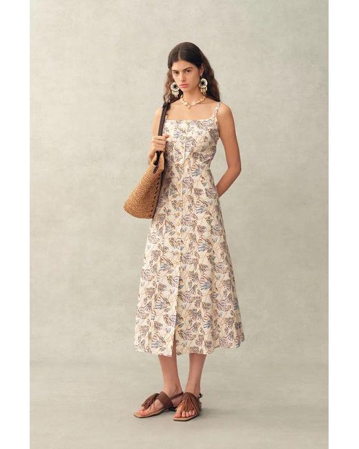 Fabrique Natural Scarlett Handpainted Waterlily Square Neck Fitted Sleeveless Dress