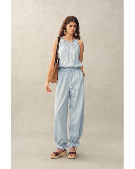 Fabrique Blue Hazel Boho Embroidery Jacquard Halterneck Sleeveless Top And Pants Set