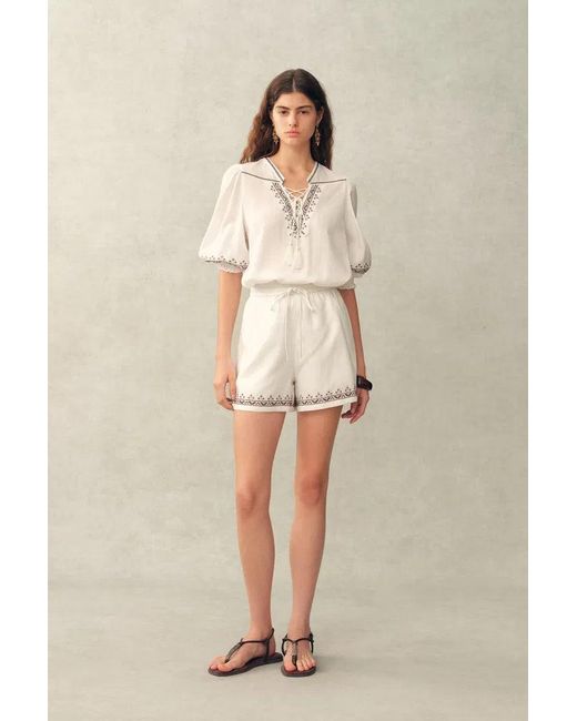 Fabrique Natural Becky Cross Stitch Tie Front Short Sleeve Shirt And Shorts Set