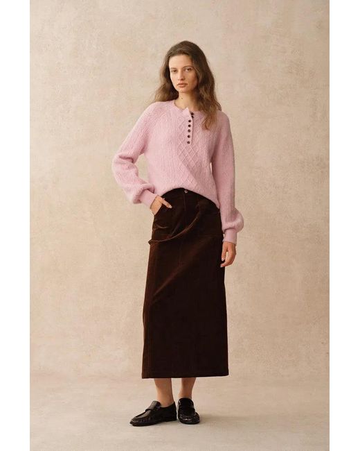 Fabrique Pink Cersei Hand Work Henley Cable Pattern Sweater