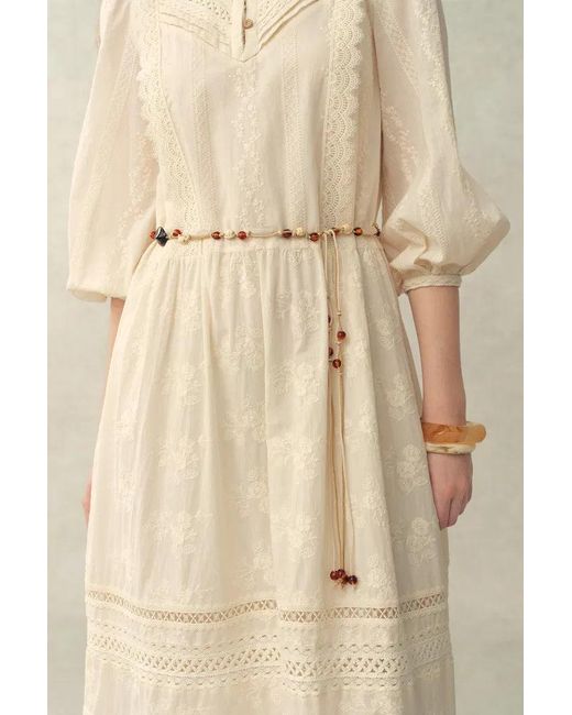 Fabrique Natural Lyra Embroidery Beaded Waist Puff Sleeve Dress