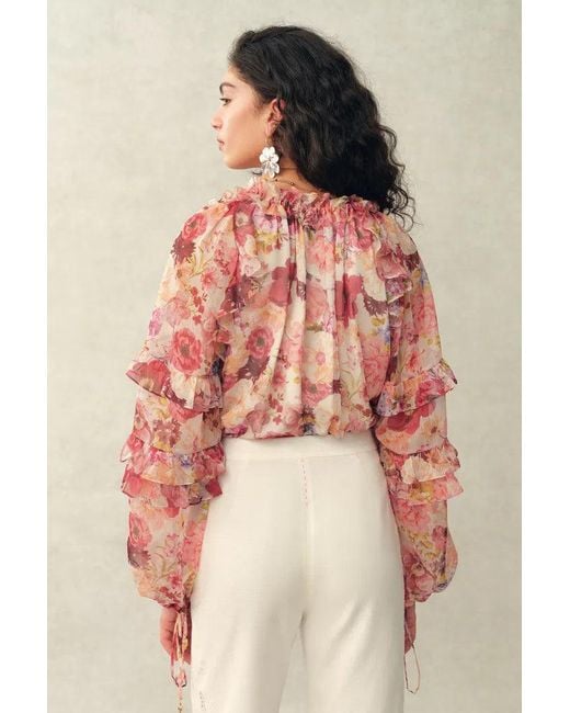Fabrique Natural Marie Hand-Painted Print V-Neck Ruffle Top