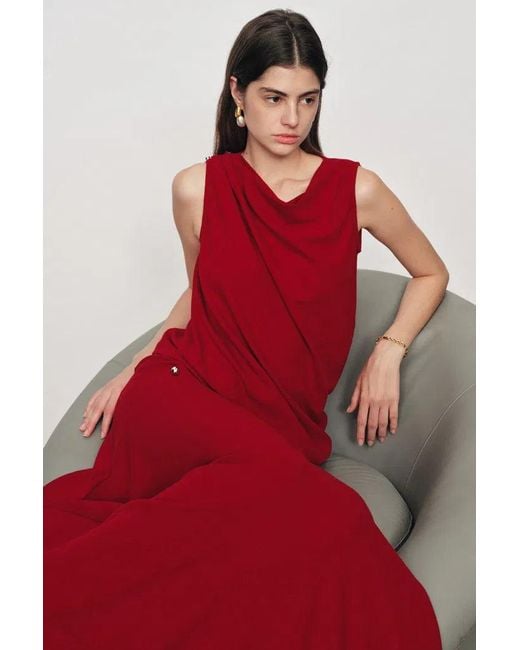 Fabrique Red Florence Asymmetrical Draped Sleeveless Top And Skirt Set