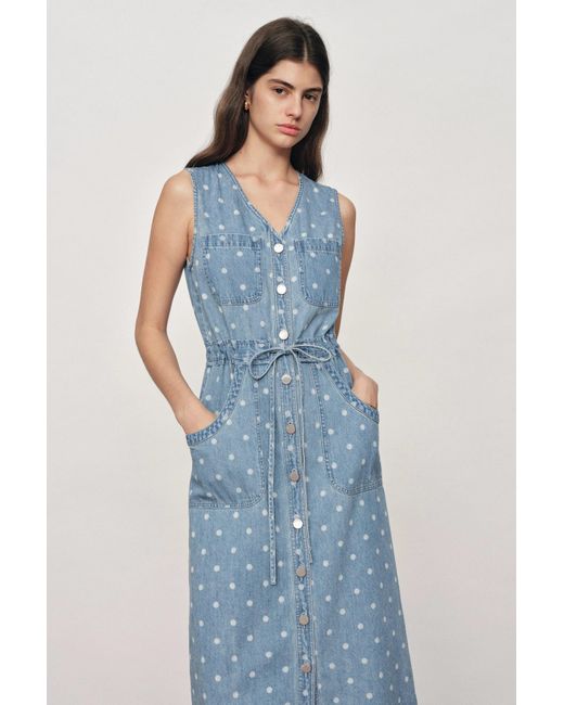 Fabrique Blue June Faded Polka-Dot Drawstring Waist Sleeveless Dress