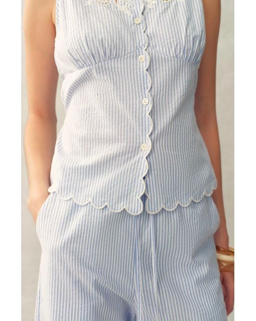Fabrique Natural Lone Striped Embroidered Sleeveless Lace Trim Cami Top