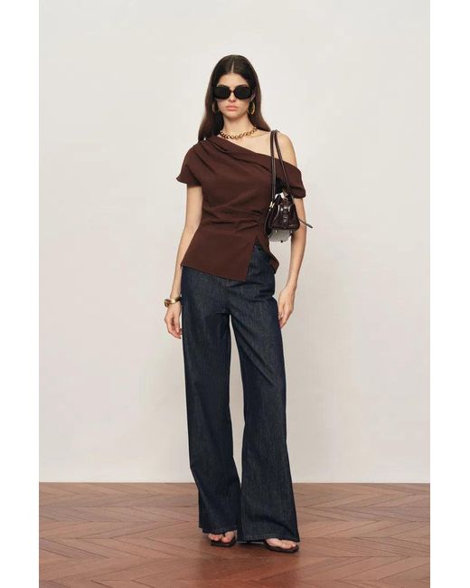 Fabrique Multicolor Hazel Asymmetric Ruched One Shoulder Side Slit Fitted Top
