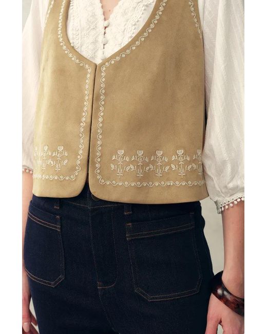 Fabrique Blue Vestsue Faux Embroidered Suede Sleeveless Vest Top