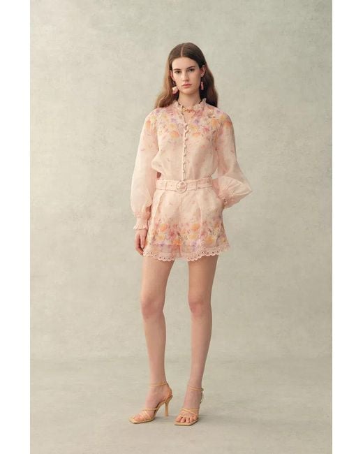 Fabrique Natural Lillian Handpainted Floral Embroidery Sheer Ombré Print Blouse And Shorts Set