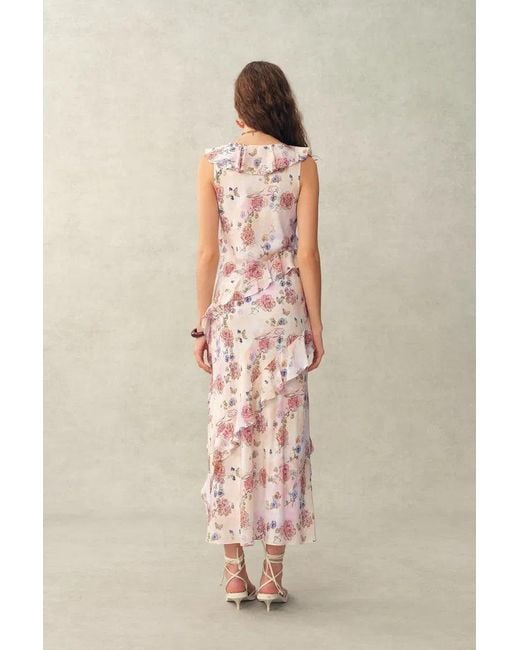 Fabrique Natural Alice Handpainted Floral Bias Cut Ruffed Sleeveless Dress
