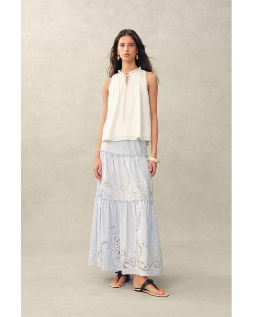 Fabrique Blue Rosalind Ruffle Neck Tie Front Sleeveless Top