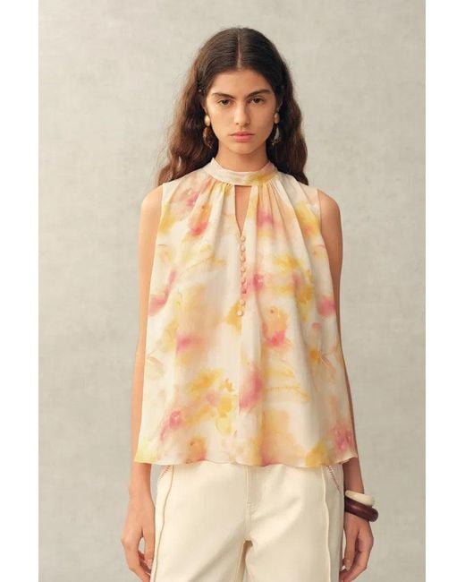 Fabrique Natural Charlotte Handpainted Floral Neck Tie Sleeveless Blouse