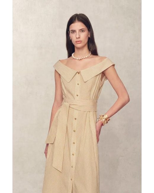 Fabrique Natural Claudia Striped Off Shoulder Collared Belted Sleeveless Shirt Dress