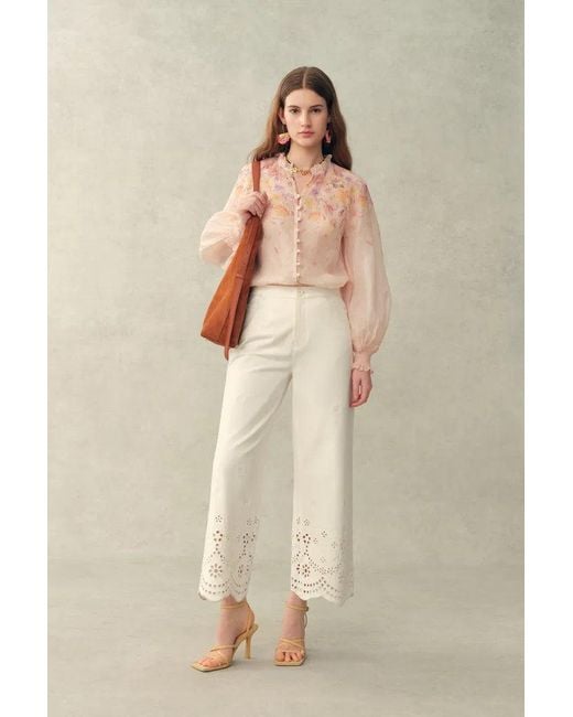 Fabrique Natural Lillian Handpainted Floral Embroidery Sheer Ombré Print Blouse And Shorts Set