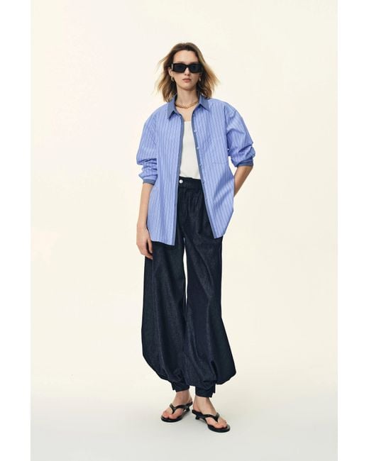 Fabrique Blue Blair Contrast Collar Striped Denim Patchwork Shirt