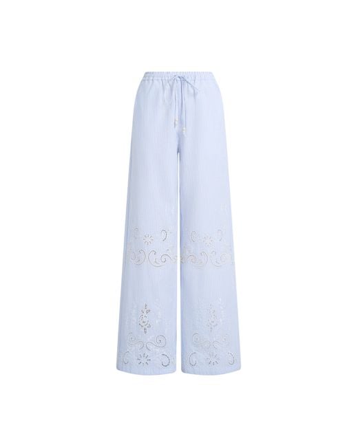 Fabrique Blue Holly Striped Embroidered Drawstring Wide Leg Pant