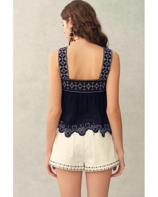Fabrique Blue Blaze Boho Embroidery Fringe Tie Front Sleeveless Top