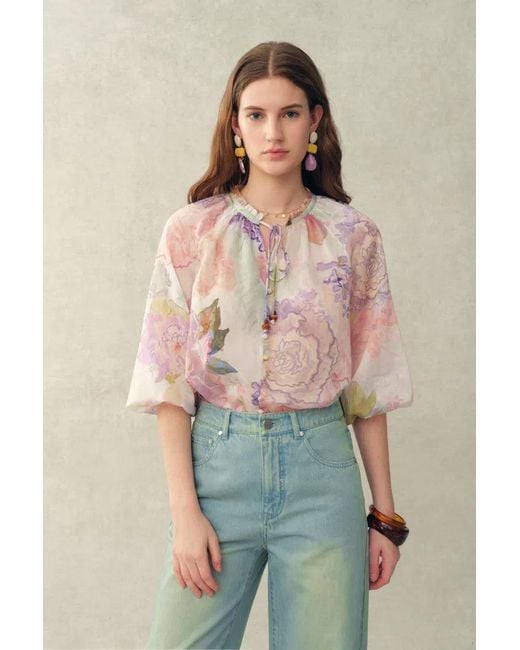 Fabrique Multicolor Yori Handpainted Floral Print Sheer Beaded Puff Sleeve Blouse
