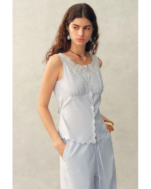 Fabrique Natural Lone Striped Embroidered Sleeveless Lace Trim Cami Top